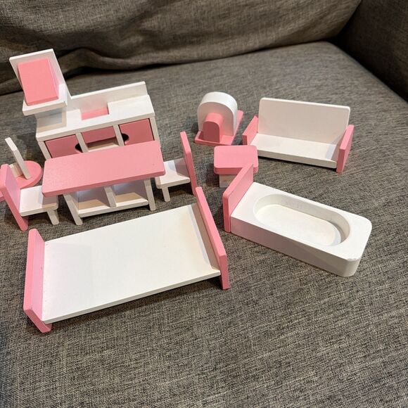 Pink Dolls House Furniture Wooden Set  Dolls Toys For Kids Gift 12 pieces - Picture 3 of 5